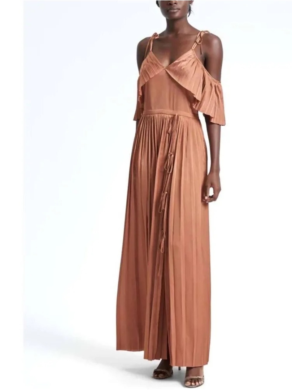 Banana Republic x Olivia Palermo Rose Gold Pleated Off Shoulder Maxi Dress Sz 8